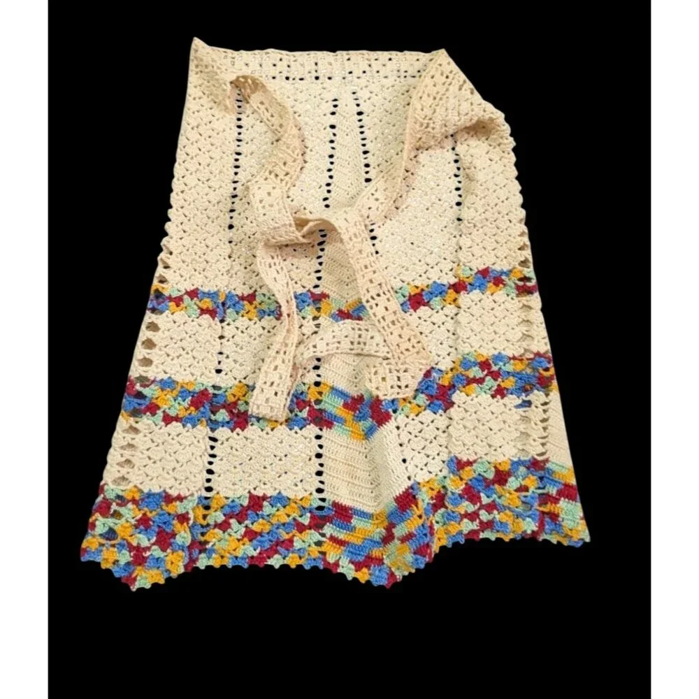 Handmade Vintage Crochet Apron Beige Multicolor Striped Trim Rustic Kitchen Nost